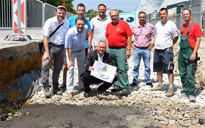Bürgermeister Hans Stefan Hintner (hockend), Vizebürgermeister Gerhard Wannenmacher (2. Von links vorne) mit Daniel Zimmermann, Thomas Janisch, Johannes Pflaum, Norbert Rauch, Robert Dovits, Harald Geissler und Jürgen Sauerzopf (von links) auf der Guntramsdorfer Straße vor der Neupflanzung.